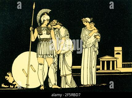 This 1880s illustration accompanied a book on Homer and his epics, the Iliad and the Odyssey. It shows the scene in the Iliad when the Trojan hero Hector meets with his wife Andromeda before going into battle. To the right is the nursemaid with Hector and Andromache’s son, Astyanax. Stock Photo