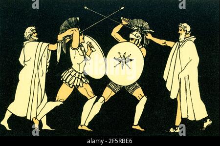 This 1880s illustration accompanied a book on Homer and his epics, the Iliad and the Odyssey. It shows the scene in the Iliad when Hector and Ajax are separated by heralds. Stock Photo