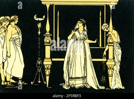 This 1880s illustration accompanied a book on Homer and his epics, the Iliad and the Odyssey. It shows the scene in the Odyssey with Penelope, the wife of the Greek hero Odysseus (Ulysses), surprised by suitors when she is weaving.  According to Greek tradition, Penelope was the wife of Odysseus, king of Ithaca. Odysseus spent 10 years fighting against the Trojans (Trojan War said to have been around 1184 B.C.) and then another 10 years trying to get back home. Meanwhile suitors of Penelope have made his palace their home. Stock Photo
