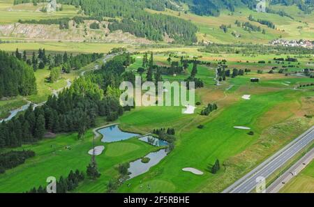 Swiss alps: Airshot from Samedan golfcourse in the upper Engadin in canton Graubünden Stock Photo