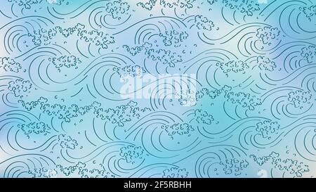 Blurry watercolor blue abstract background with minimalistic line art waves and splashes Stock Vector