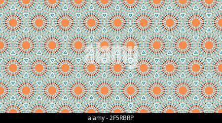 Geometric wallpaper with Moroccan tiles in orange and blue tones Stock Vector