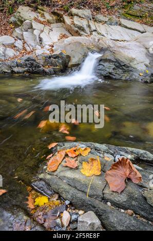 A waterfall in the Cooper Branch River along the Trolley Trail outside Ellicott City, Maryland during fall. Stock Photo