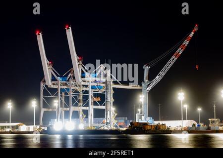 SpaceX Falcon 9 Rocket Booster Arriving at Port Canaveral, Florida Stock Photo