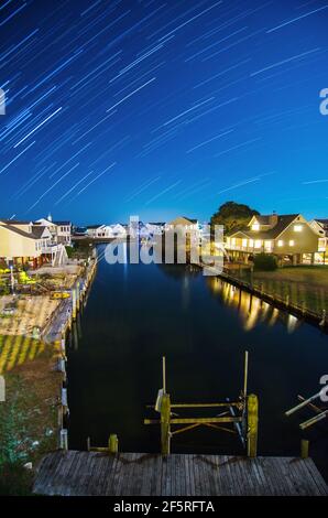 Startrails over Captain's Cove in Virginia, USA Stock Photo