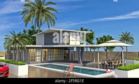Modern villa, architecture and design. Outdoor swimming pool and garden with plants. Tropical zone. Large windows. Table with umbrella. 3d render Stock Photo