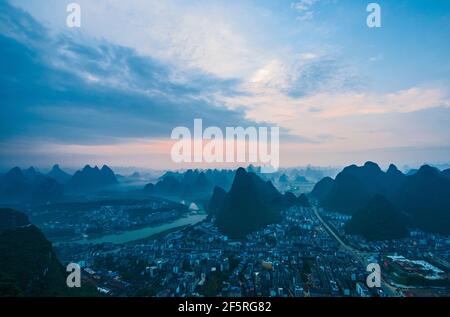 elevated view of limestone peaks in Yangshuo in Guangxi province Stock Photo