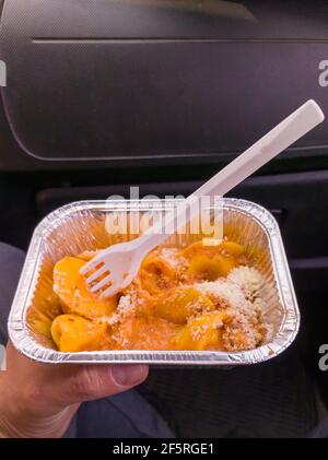 Tortellini are a stuffed egg pasta, typical of Bologna and Modena. Stock Photo