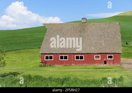 Tradition red wooden barn in the Palouse region amongst green fields and blue sky Stock Photo