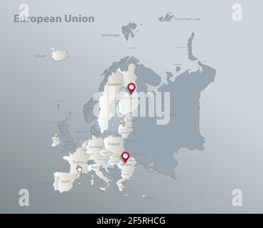 European Union map, Europe states with names, blue white card paper 3D vector Stock Vector