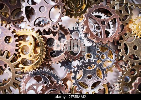 Close up of gear wheels and cogs. Future, gear, wheel, metal. Industrial concept. Love concept. Stock Photo