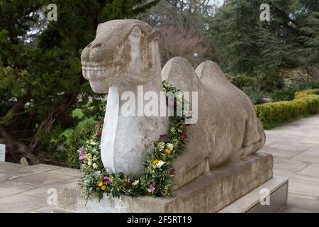 Seattle, Washington, USA. 27th March, 2021. A floral garland adorns a Chinese camel sculpture in honor of the victims of the Atlanta shootings at a memorial at the Seattle Asian Art Museum. The museum hosting a weekend ‘Stop Asian Hate’ community memorial in solidarity with the Asian American, Pacific Islander and Asian immigrant communities in the wake of rising racially motivated violence. Credit: Paul Christian Gordon/Alamy Live News Stock Photo
