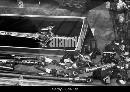 incredible craftsmanship of medieval weapons in a store at Rothenburg ob der Tauber. Stock Photo