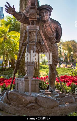 Orlando Florida, January 05,2021.Young Walt Disney filming statue at Hollywood Studios (110) Stock Photo