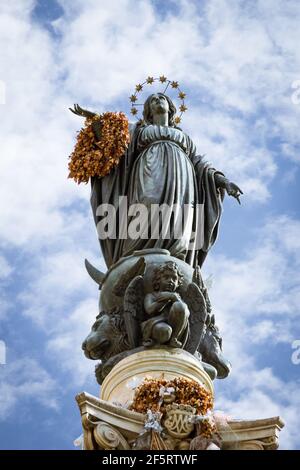 The Column of the Immaculate Conception is a 19th century monument in central Rome depicting the Blessed Virgin Mary, located in what is called Piazza Stock Photo