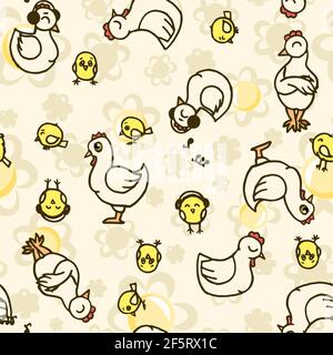 Chickens and chicks. Seamless illustration. Cartoon sketch style. Hand outline drawing cheerful funny animal. vector Stock Vector