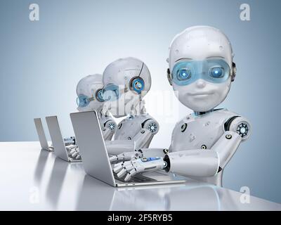 Automation office worker concept with 3d rendering group of cute robots work with computer notebook Stock Photo