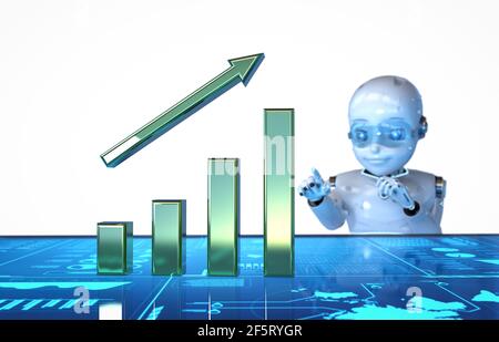 3d rendering cute robot work with growth bar graph display Stock Photo