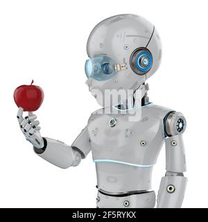 Agriculture technology concept with 3d rendering robot boy harvest red apple Stock Photo