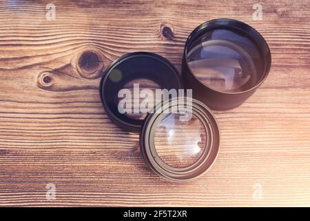Set of lenses for cameras and camcorders for macro photography Stock Photo