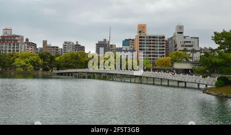 Ohori Park is a pleasant city park in central Fukuoka (Japan) with a large pond at its center. The park was constructed between 1926 and 1929 Stock Photo