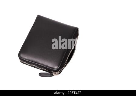 Men wallet black leather zipper pouch isolated on white background with clipping path. Stock Photo