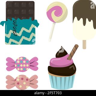 Set of sweets including cupcake, muffin, candy, lollipop, chocolate bar, and ice cream. Tasty, sugary, chocolate, whipped cream cupcake Stock Vector
