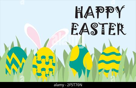 Easter greeting card vector illustration with eggs hidden in the grass, and bunny ears Stock Vector