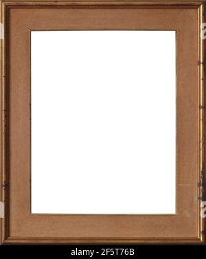 Old vintage wooden frame painted with gold scratched patina with brown canvas mat and golden molding. Stock Photo