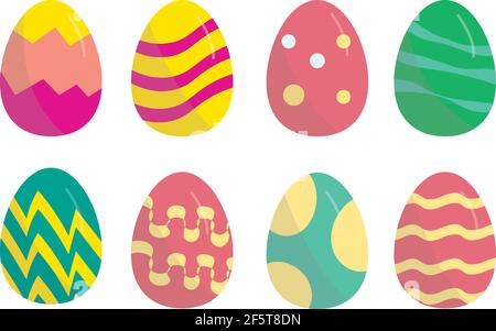 Set of eight easter eggs with shades drawn in minimalist style, with vibrant and bright colors-  flat design. Stock Vector