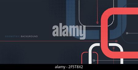 Banner web template design rounded squares geometric blue and red on black background with space for your text. Vector illustration Stock Vector