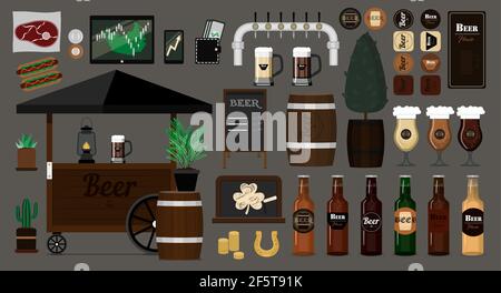 Big vector beer set. Items for the interior and exterior of the bar. Flat vector images of beer cart, glasses with different varieties of light and Stock Vector