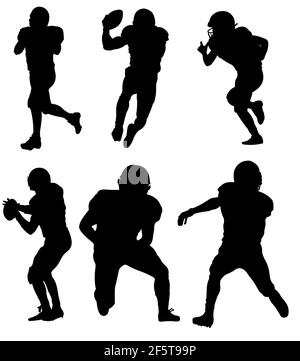 Six American football player silhouettes in action. B&W Vector 3d illustration Stock Vector