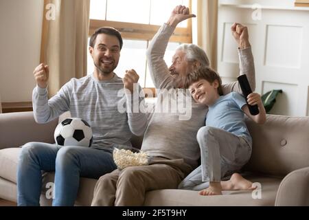 Overjoyed three generations of men watch football together Stock Photo