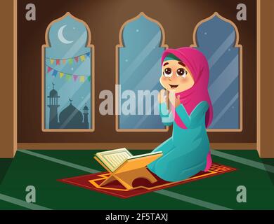 Vector Illustration of Muslim Girl Praying in Mosque Stock Vector