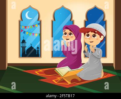 Vector Illustration of Muslim Boy and Girl Praying in Mosque Stock Vector