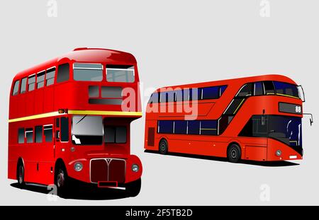Tow generation of London double Decker  sightseeing red bus. Vector 3d illustration Stock Vector
