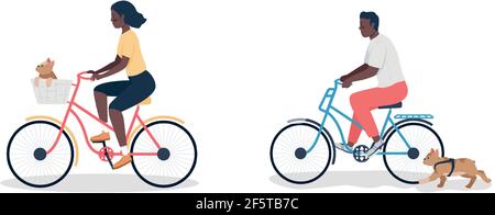 African american man and woman on bicycle with dogs flat color vector detailed character set Stock Vector