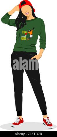 Young athlete  woman in green-black  sports suit. Vector 3d illustration Stock Vector