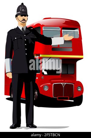 London Policeman and red double decker . Vector 3d illustration Stock Vector
