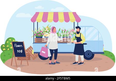 Muslim woman buying flowers from floral van 2D vector web banner, poster Stock Vector