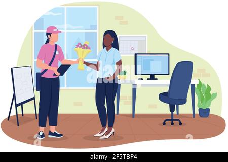 Bouquet delivery to office 2D vector web banner, poster Stock Vector