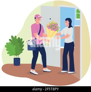 Bouquet delivery to home 2D vector web banner, poster Stock Vector