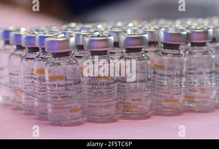 Tijuana, Mexico. 27th Mar, 2021. Photo taken on March 27, 2021 shows Sinovac COVID-19 vaccines from China at a vaccination center in Tijuana, Mexico, March 27, 2021. Tijuana, a border city between the United States and Mexico, began to vaccinate the local elderly aged 60 and above with COVID-19 vaccine. Credit: Joebeth Terriquez/Xinhua/Alamy Live News Stock Photo