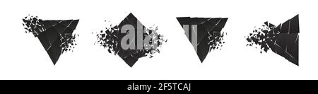 Shape shattered and explodes flat style design vector illustration set isolated on white background. Triangle and rhombus shapes in grayscale gradient Stock Vector