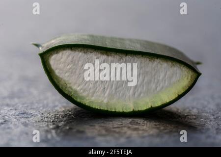 Closeup of cut aloe vera piece of leaf placed on table in studio Stock Photo