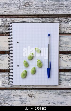 From above of raw green beans and pen placed on notepad on wooden table Stock Photo