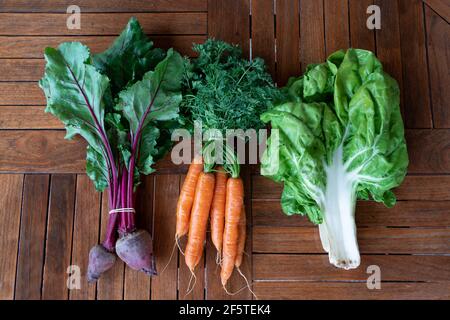 From above of bunches of ripe beet and carrot placed on wooden table near green chard leaves in countryside Stock Photo
