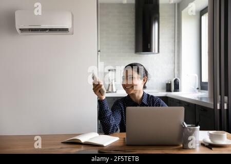 Smiling Indian businesswoman using air conditioner remote controller at home Stock Photo