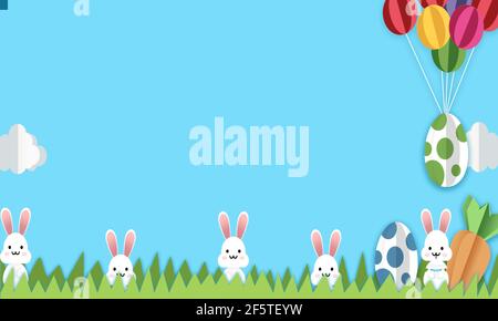 Happy Easter paper art of Easter eggs and Easter bunny on blue background. 3d illustration. Stock Photo